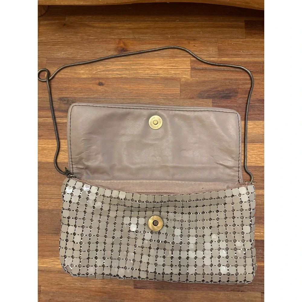 Forever 21 Metal Mesh Clutch Bag Women OS Taupe Excellent Snake Chain Crossbody